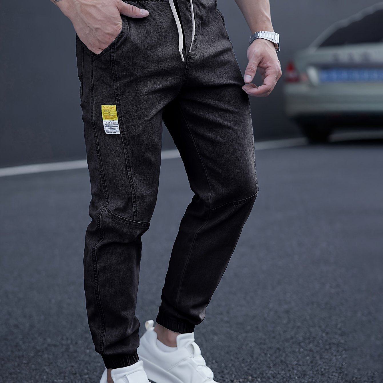 Men's Casual Tapered Jeans with Adjustable Drawstring Waist for Comfortable Street Style