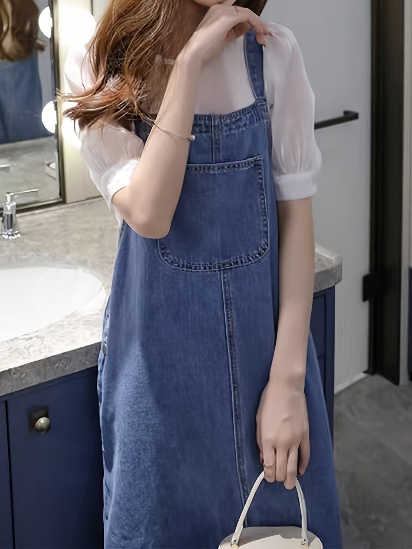 Effortless Chic Midi Denim Pinafore Dress - Versatile, Durable with Front Pockets for Spring/Fall