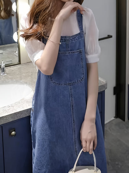 Effortless Chic Midi Denim Pinafore Dress - Versatile, Durable with Front Pockets for Spring/Fall