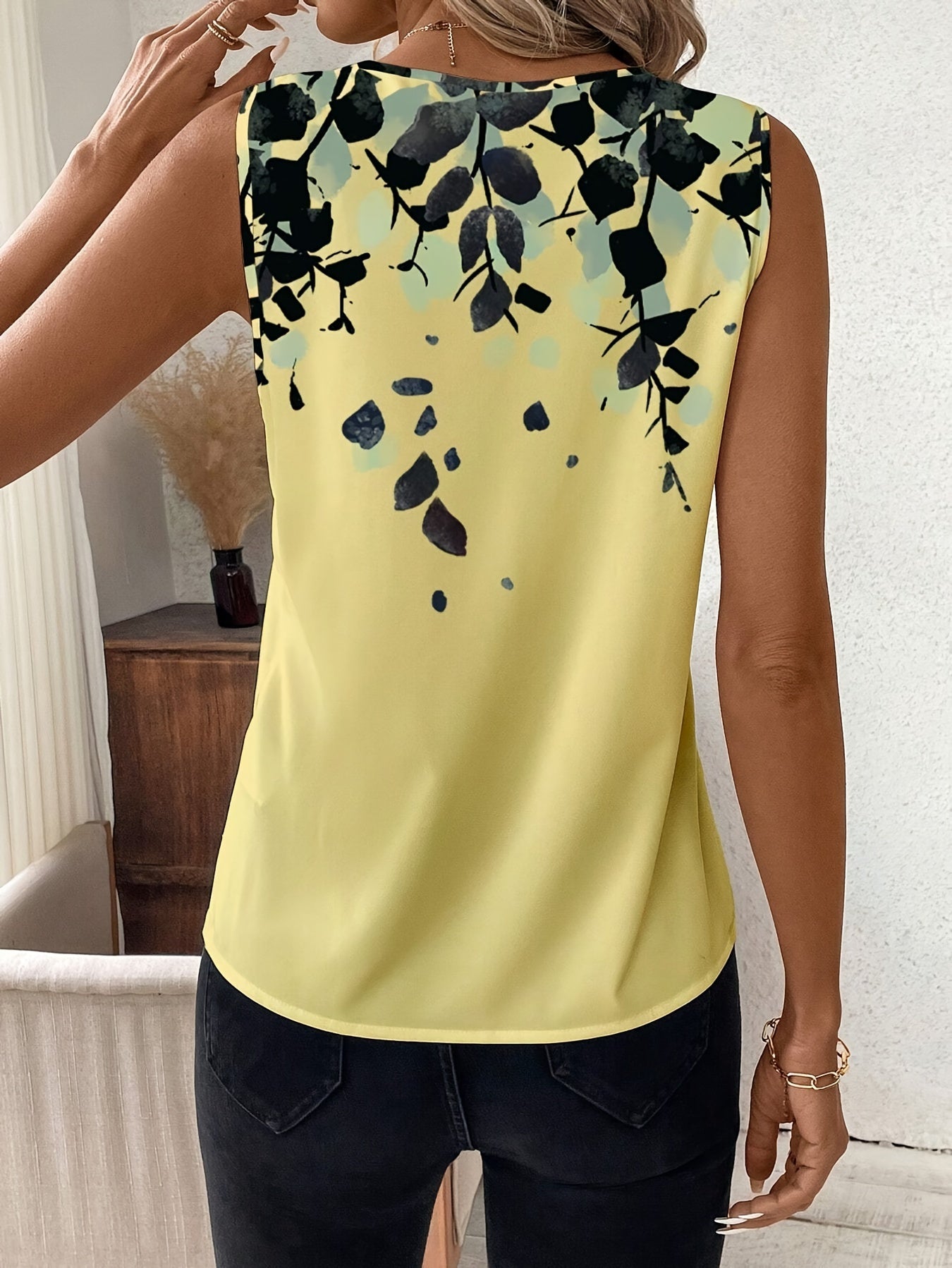 Plant Print V Neck Tank Top, Casual Sleeveless Tank Top For Summer, Women's Clothing