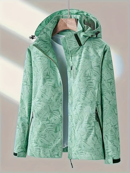 Waterproof Windbreaker Jacket for Women - High Neck, Zipper Placket, Long Sleeve, Leaf Print Graphic, Pockets, Breathable Polyester Fabric - Ideal for Outdoor Climbing, Hiking, and Weekend Casual Wear