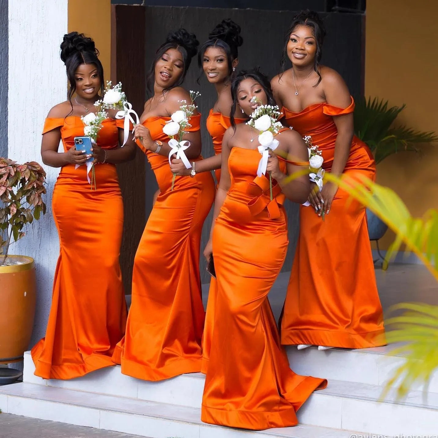 South African Orange Junior Bridesmaid Dresses Mermaid Elastic Satin Sweep Train Maid of Honor Dresses Bride Gowns for Nigeria Black Women Girls Marriage BR117