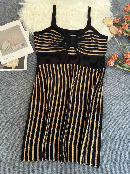 Plus Size Striped Bodycon Knitted Cami Dress - Flattering Fit for Curvy Women, Classic Horizontal Stripes Pattern, Hugging Silhouette, Soft and Cozy Fabric, Sleeveless Design, Sexy Cut Out Detailing, Delicate Adjustable Spaghetti Strap - Designed for the