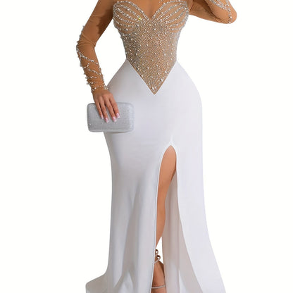 SENGPA Long Sleeve Rhinestone Bodycon Dress - Dazzling Embellishments, Flattering Mock Slit, Elegant Mesh Splicing - Perfect for Womens Formal Events, Parties, and Banquets