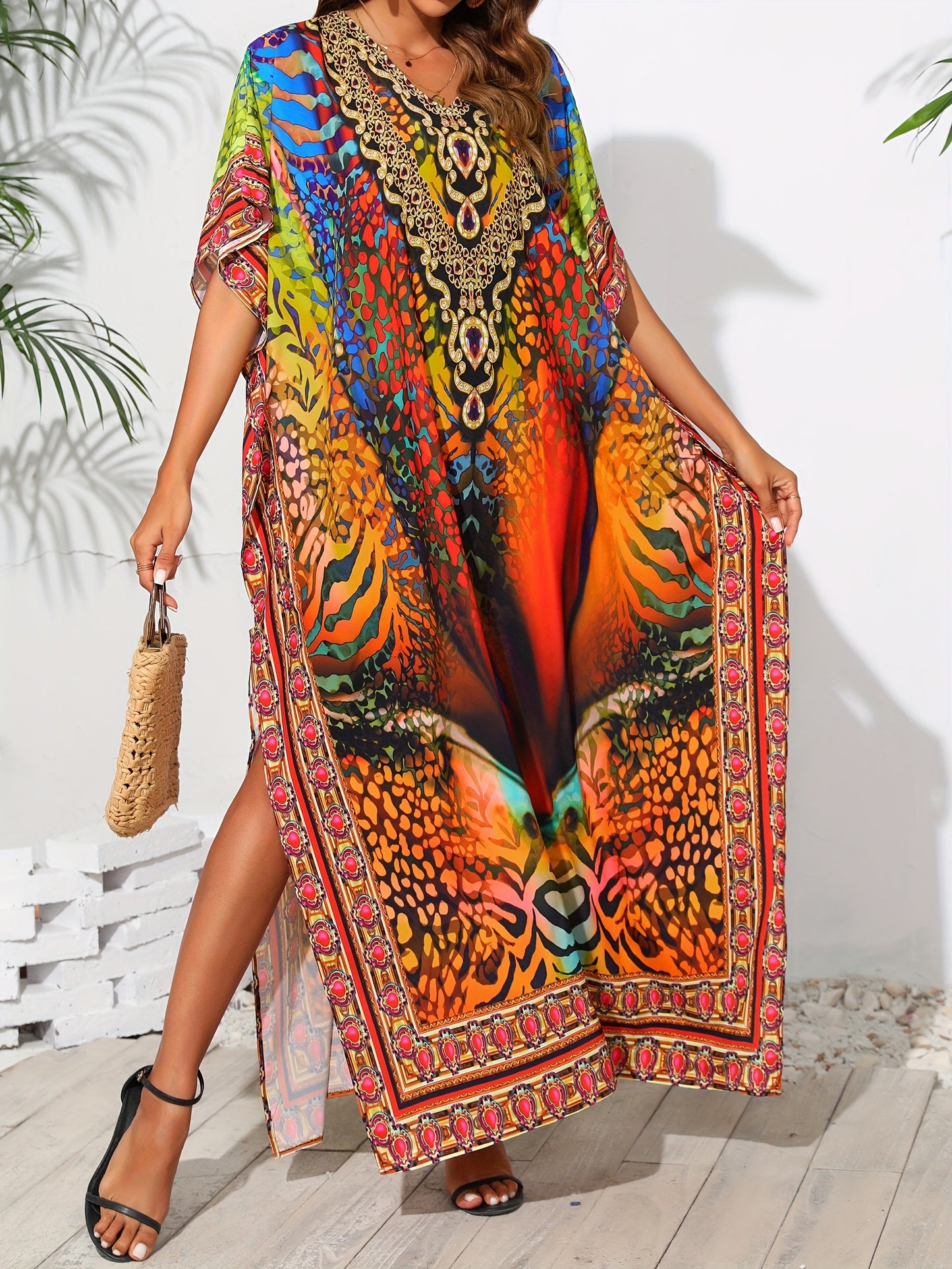 Plus Size Womens Vibrant Tribal Print V Neck Boho Chic Loose Fit Short Sleeve Kaftan Dress for Vacay Beach Cover Up - Soft Non-Stretch Polyester Fabric, Split Details, Pullover Design, Random Printing - Perfect for Curvy Ladies