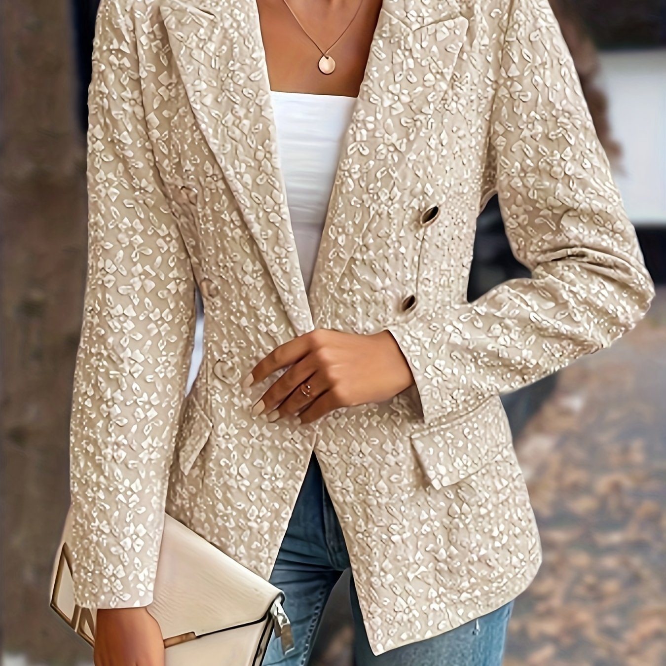 Textured Double Breasted Blazer, Elegant Long Sleeve Lapel Blazer For Work & Office, Women's Clothing