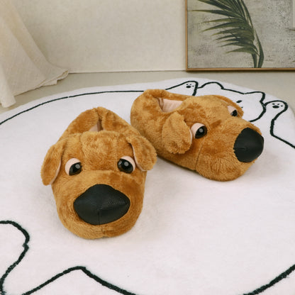 Cartoon Dog Plush Slippers 2 Pairs Set, Unisex Novelty Animal Slip-on Indoor House Shoes, Warm Fabric Lined Couples & Family Interactive Footwear, Perfect for Valentine's & Holiday Gifts