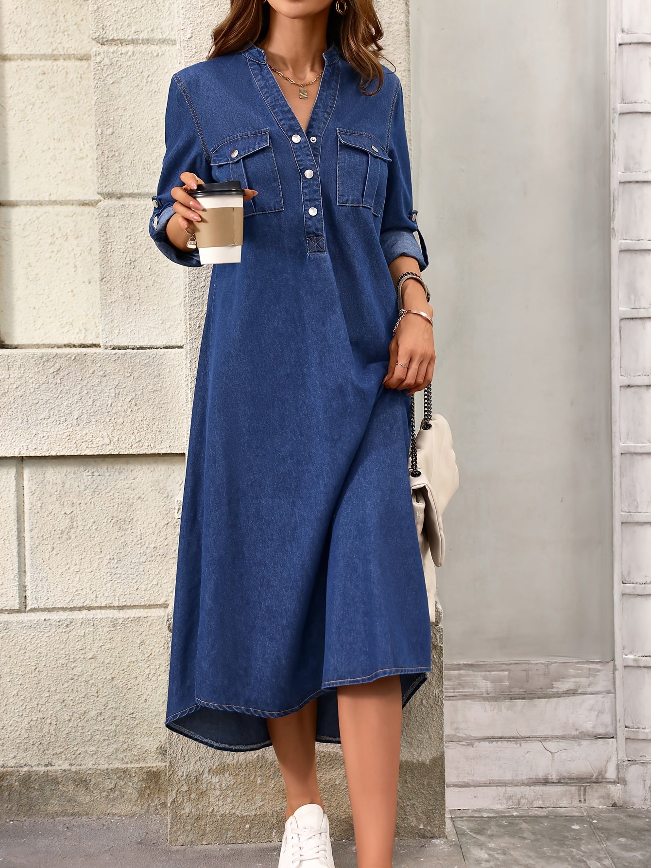 Split Side Plain Dark Washed Blue Button Closure V Neck Elegant Style Midi Denim Dress, Women's Denim Jeans & Clothing