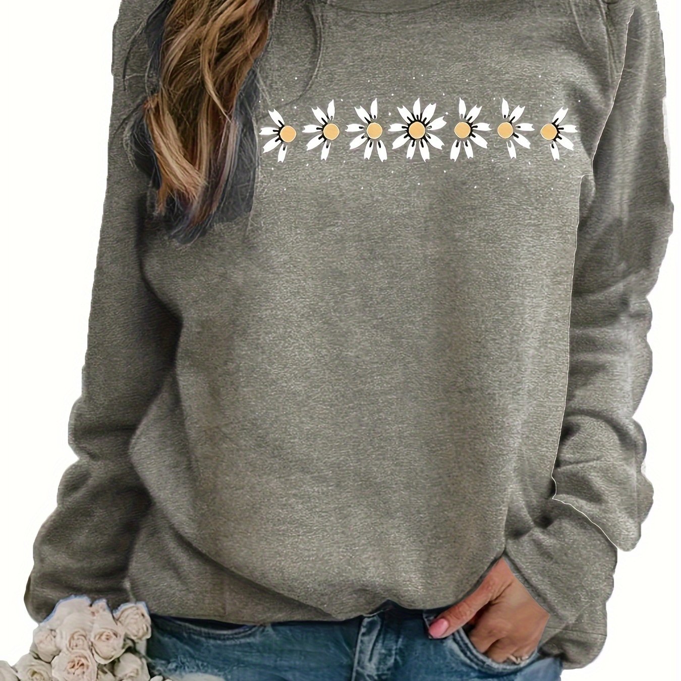 Long Sleeve Crew Neck Floral Print Casual Sweatshirt - Soft Cotton, Slight Stretch, Micro Elasticity, Raglan Sleeve - Perfect for Daily Wear in Spring, Summer, and Fall