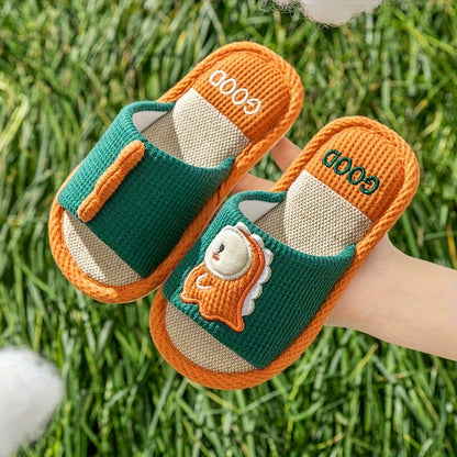 Boys and Girls Cotton Linen Home Slippers, Cute Cartoon Pattern, Spring/Autumn Season, Suitable for Indoor Use, Slip-On Closure, Breathable, Lightweight, Non-Slip, Fabric Upper, Fabric Liner, Fabric Sole, Round Toe, Suitable for Children Ages 14 and Under