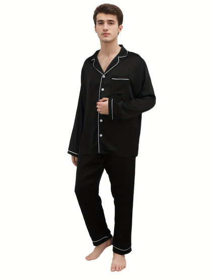 Pyjama Set For Men Silk Satin Pjs Set Two Piece Short Sleeve Pyjamas Button Down Sleepwear Soft Nightwear Pjs