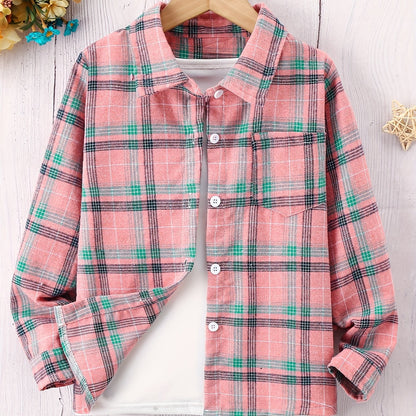 Girls Classic Plaid Shirt - Button-Front Closure, Lapel Collar, Timeless Style for Spring and Fall - Perfect Gift for Party Occasions and Everyday Wear