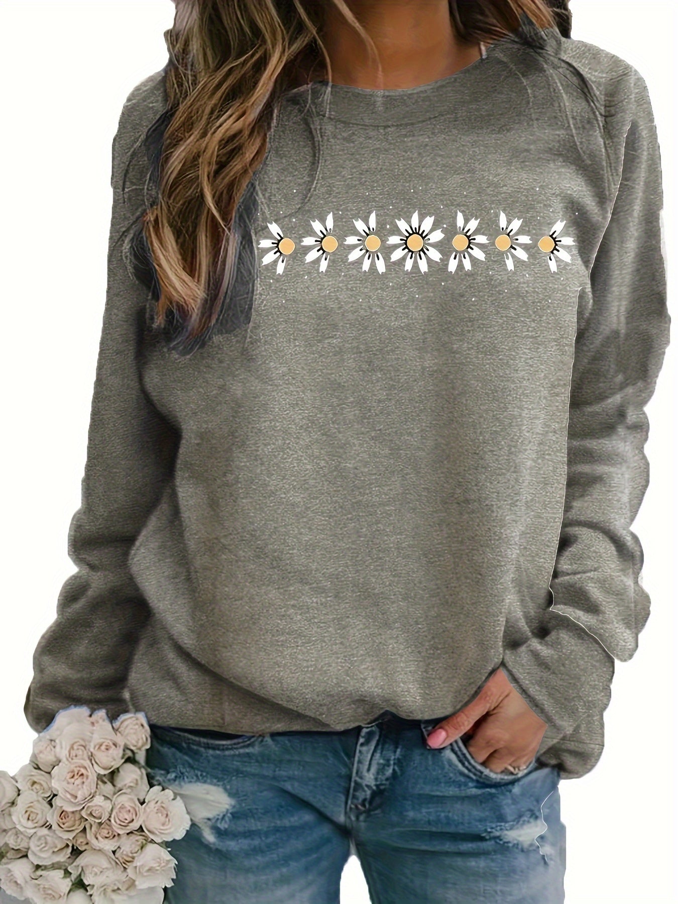 Long Sleeve Crew Neck Floral Print Casual Sweatshirt - Soft Cotton, Slight Stretch, Micro Elasticity, Raglan Sleeve - Perfect for Daily Wear in Spring, Summer, and Fall