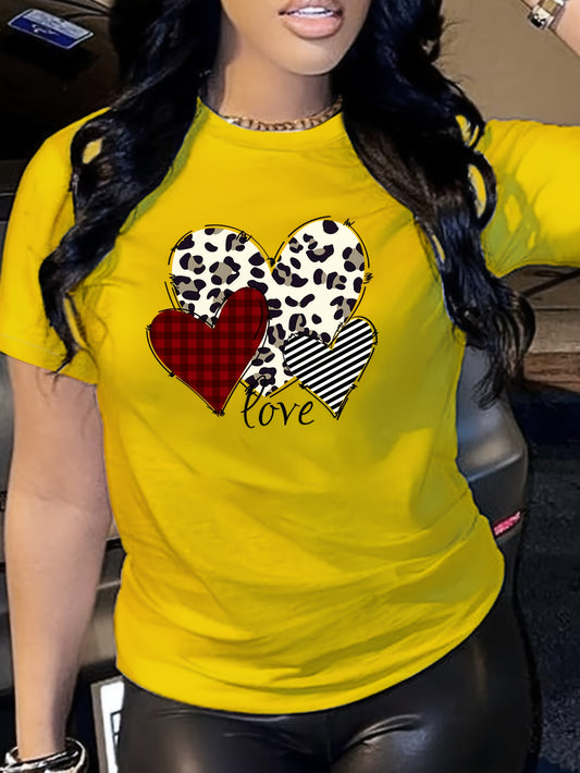 Chic Heart & Love Graphic Tee - Comfy Cotton Blend, Casual Short-Sleeve Crew Neck for Women