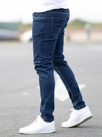 Men's Solid Cotton Blend Slightly Stretch Jeans, Chic Street Style Slim Fit Bottoms For Men, All Seasons