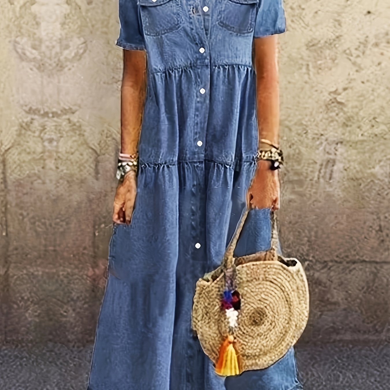 Plain Washed Blue Short Sleeve Button Up Causal Style Loose Fit Maxi Denim Dress, Women's Denim Jeans & Clothing