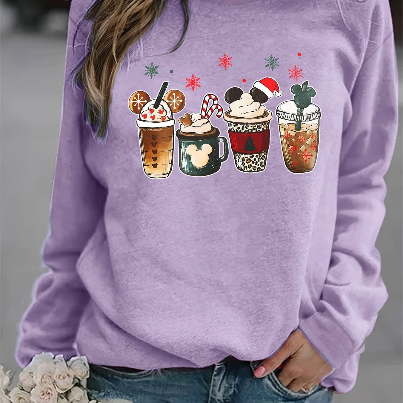 Christmas Coffee Print Sweatshirt, Casual Long Sleeve Crew Neck Sweatshirt, Women's Clothing