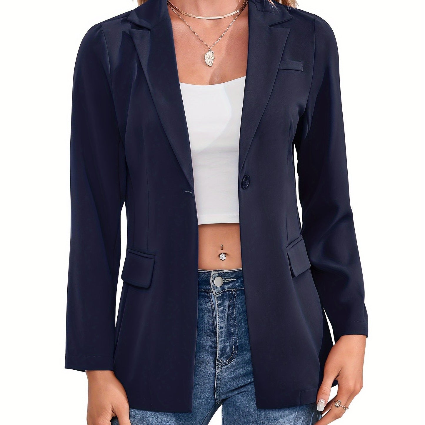 Solid Simple Button Front Blazer, Versatile Lapel Long Sleeve Blazer For Office & Work, Women's Clothing