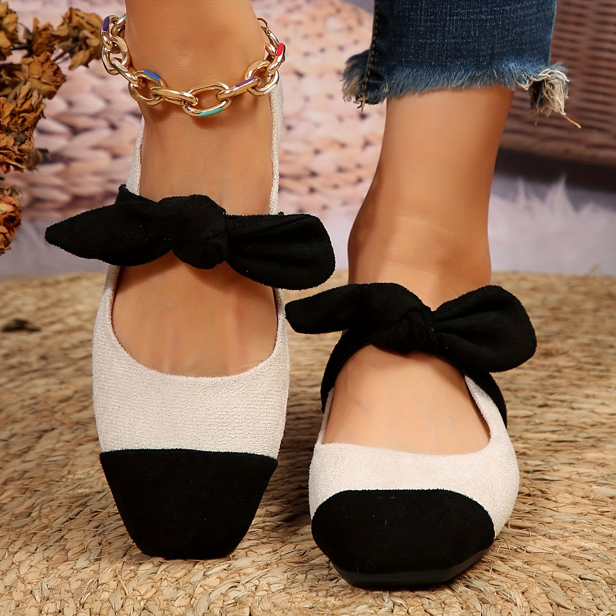 Women's Bowknot Decor Flat Shoes, Casual Contrast Color Slip On Shoes, Lightweight & Comfortable Shoes