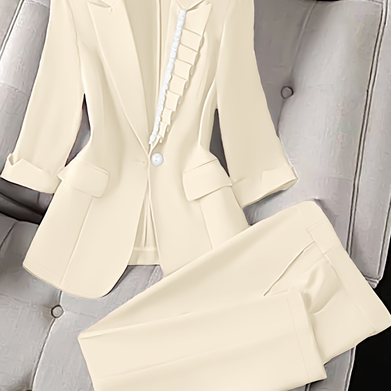 Two-Piece Slim Matching Set - Elegant Lapel Collar Blazer with Fake Pockets and Straight Leg Pants - Micro Elastic Polyester Fabric, Machine Washable, Solid Color, Spring/Fall Season, Woven Construction