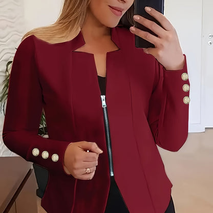 Fashionable Womens Solid Zip-Up Jacket with Button Detail - Comfy Long Sleeves, Casual Style - Premium Clothing Wardrobe Staple