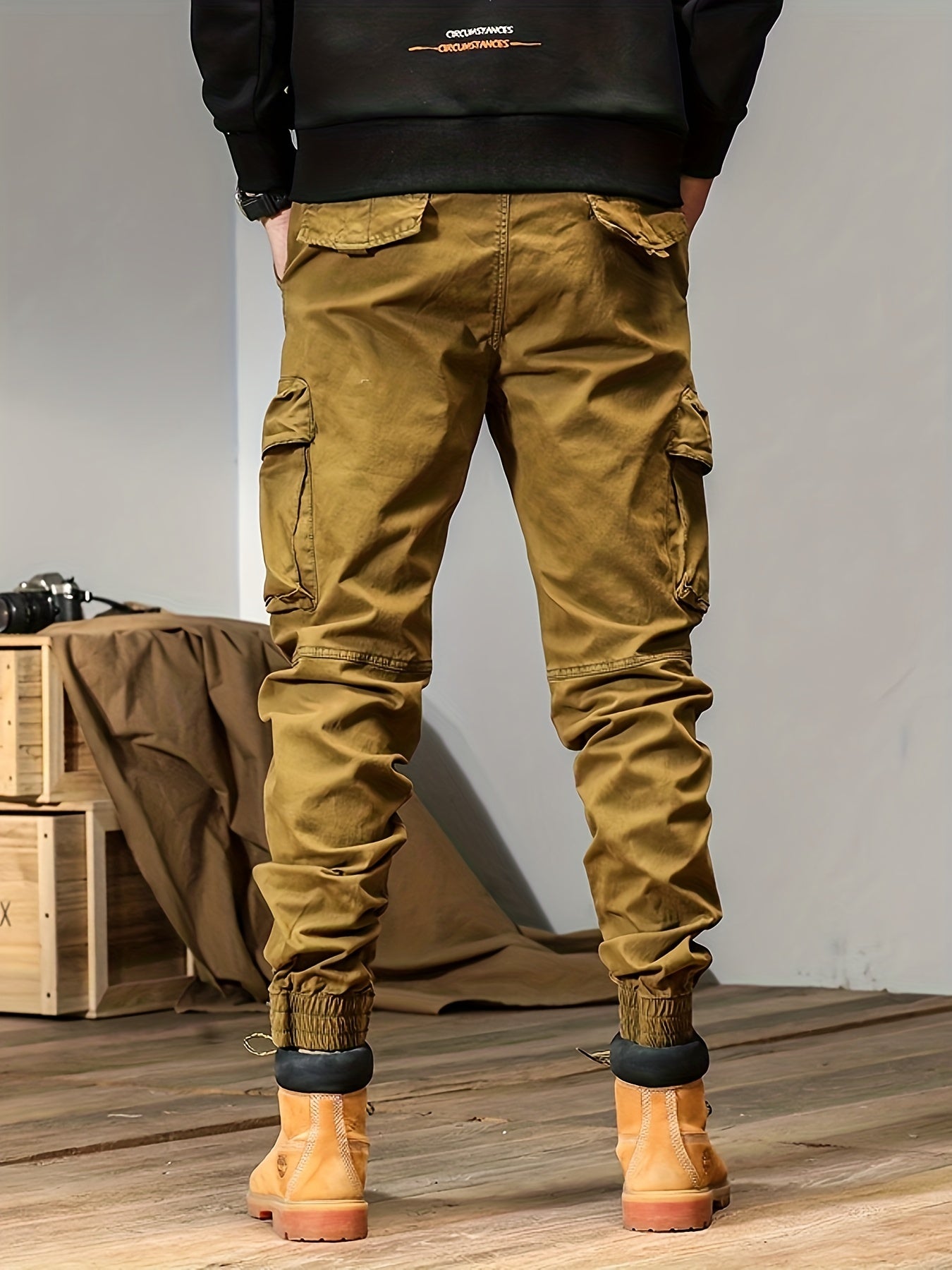 Regular Fit Solid Cotton Blend Cargo Pants - Multi Flap Pocket, Button Fly, Slight Stretch, Loose Casual Style - Ideal for Outdoor Work, Streetwear, and Hip Hop Fashion