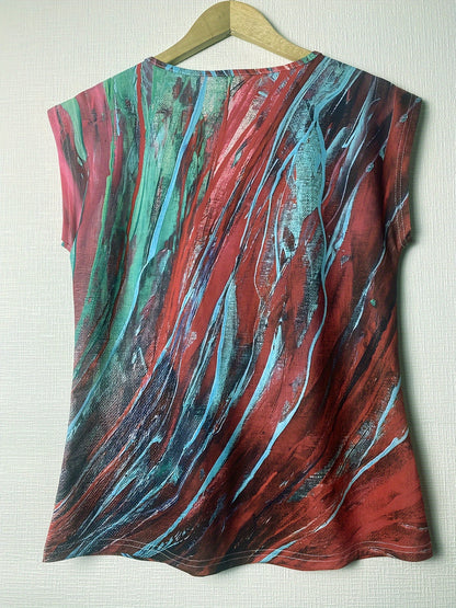 Abstract Print V Neck Tank Top, Casual Sleeveless Top For Spring & Summer, Women's Clothing