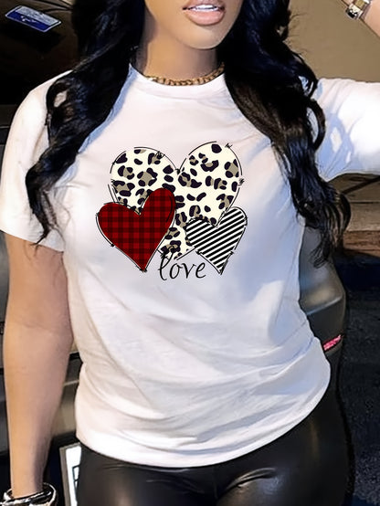 Chic Heart & Love Graphic Tee - Comfy Cotton Blend, Casual Short-Sleeve Crew Neck for Women