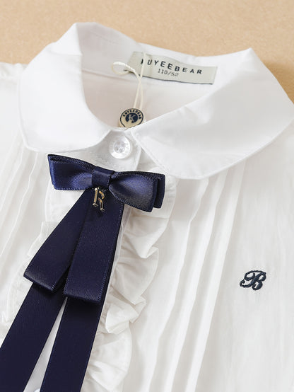 Chic Girls' Summer Blouse - Pure Cotton, Short Sleeve, Preppy Turn-Down Collar, Korean Style School Shirt with Navy Bow Tie Detail, Breathable, Comfortable, and Classic Design for School or Casual Wear