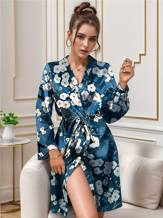 Luxurious Satin Long Sleeve Kimono Robe for Women - Floral Print V-Neck Loungewear with Belt, Soft and Cozy Casual Bathrobe for Autumn, Perfect for Relaxation and Leisure Activities