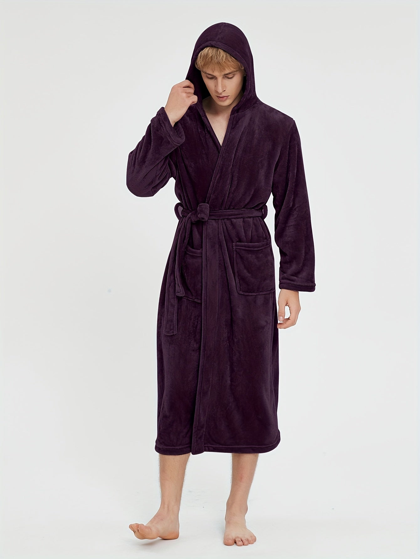 Ultra-Soft Men's Fleece Robe - Comfy Hooded Pajamas with Pocket, Hair Dry Hat, and Kimono Design for Cozy Nightwear After Bath or Lounging at Home