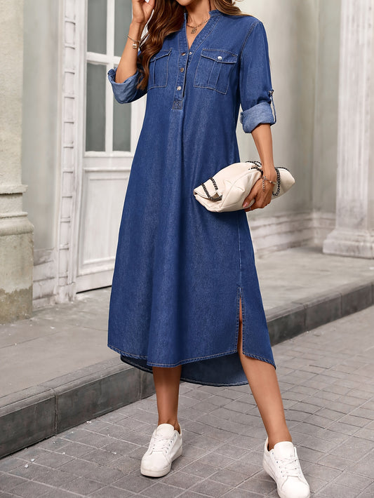 Split Side Plain Dark Washed Blue Button Closure V Neck Elegant Style Midi Denim Dress, Women's Denim Jeans & Clothing