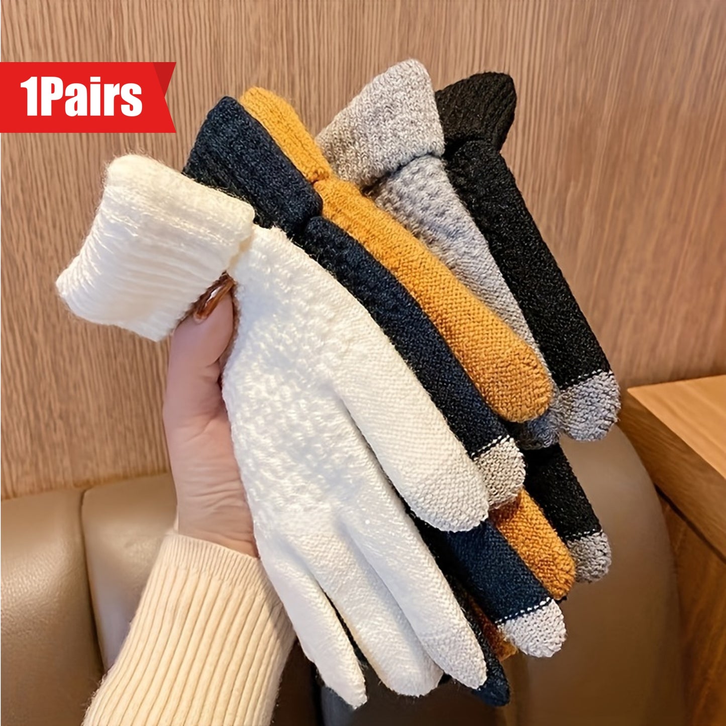 1pairs Winter Thermal Knit Gloves, Solid Color Touch Screen Thickened Gloves For Cycling Hiking