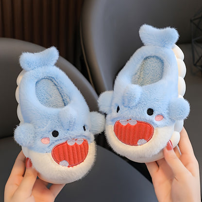 Cozy Kids' Shark Plush Slippers - Soft, Warm Indoor Home Shoes For Boys & Girls, Non-Slip Tpr Sole