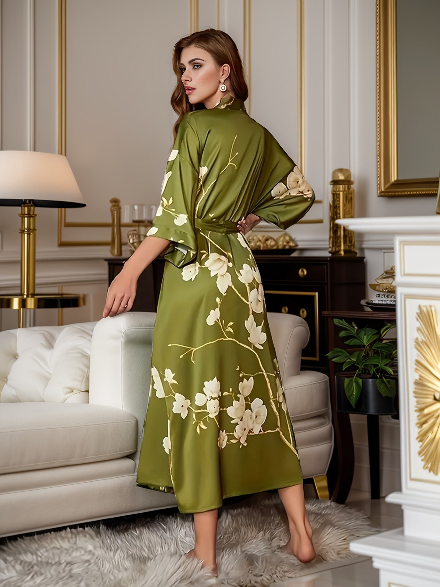 Luxurious Floral Satin Longline Robe - Soft Three Quarter Sleeve, Adjustable Belt, Comfortable Women's Loungewear and Sleepwear for Relaxation and Leisure