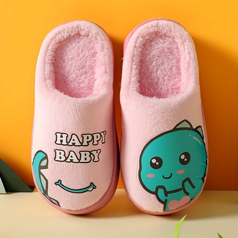 Happy Baby Cartoon Dinosaur Slippers for Kids: Soft Fleece, Rubber Sole, and Adorable Design for Boys and Girls Aged 14 and Under