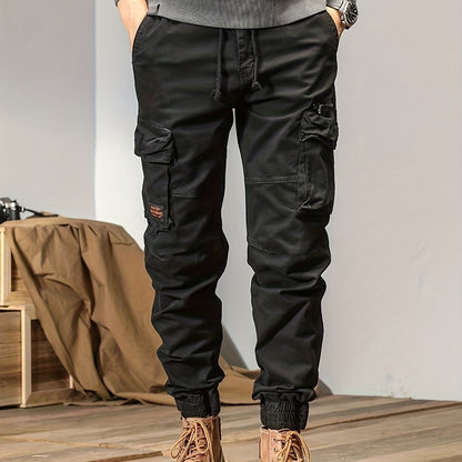 Regular Fit Solid Cotton Blend Cargo Pants - Multi Flap Pocket, Button Fly, Slight Stretch, Loose Casual Style - Ideal for Outdoor Work, Streetwear, and Hip Hop Fashion