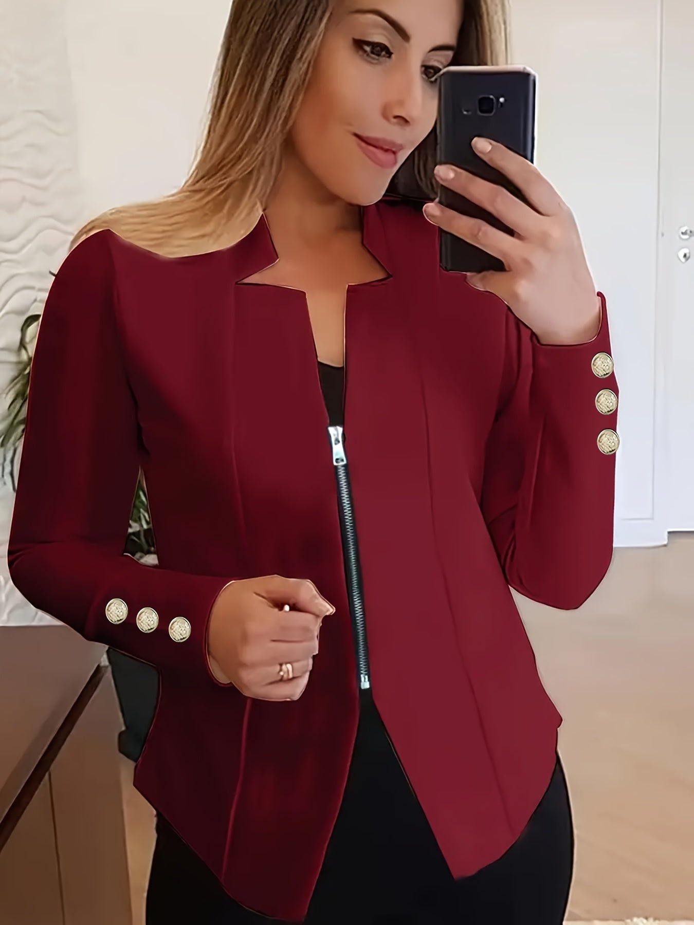 Fashionable Womens Solid Zip-Up Jacket with Button Detail - Comfy Long Sleeves, Casual Style - Premium Clothing Wardrobe Staple