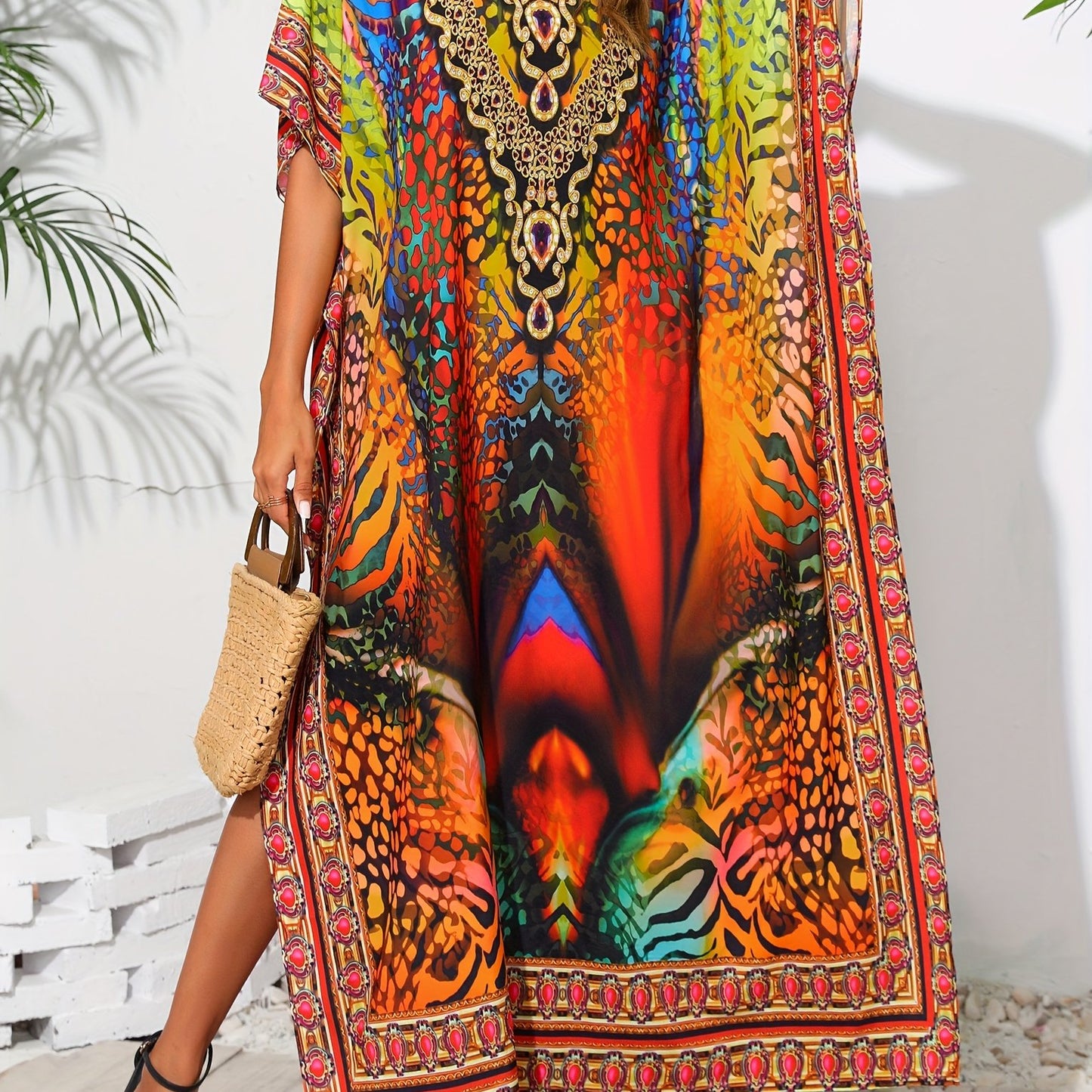 Plus Size Womens Vibrant Tribal Print V Neck Boho Chic Loose Fit Short Sleeve Kaftan Dress for Vacay Beach Cover Up - Soft Non-Stretch Polyester Fabric, Split Details, Pullover Design, Random Printing - Perfect for Curvy Ladies