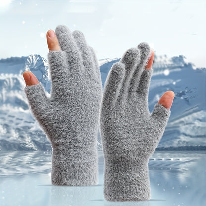 Plus Velvet Thickened Warm Gloves - Soft, Open Fingers Design for Convenient Touch Screen, Coldproof, and Comfortable Writing Experience for Women in Winter