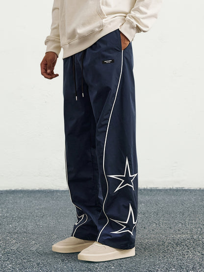 Stylish Loose Fit Wide Leg Drawstring Pants for Men - Comfortable Star Pattern Embroidery, Fashionable Relaxed Fit, Soft Fabric, Versatile Casual Wear - Perfect for Daily Life, Travel, and Outdoor Activities