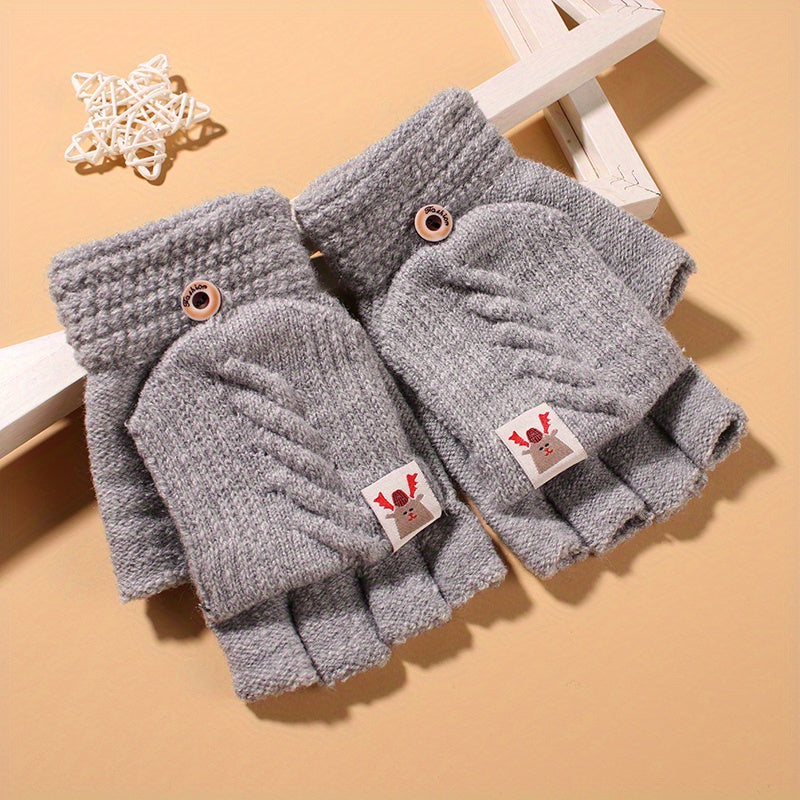 Autumn Winter Knitted Flip Gloves Short Half Finger Convenience Touchscreen Gloves Thickened And Warm Jacquard Gloves