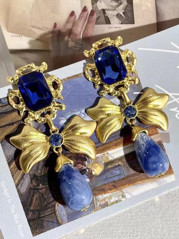 sengpan 2024 New Bow Knot Rhinestone Handmade Blue Glass Earrings