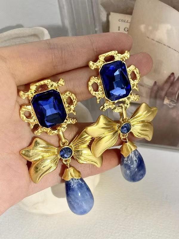 sengpan 2024 New Bow Knot Rhinestone Handmade Blue Glass Earrings