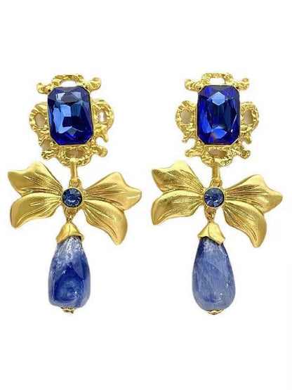 sengpan 2024 New Bow Knot Rhinestone Handmade Blue Glass Earrings