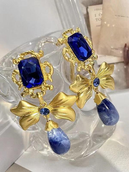 sengpan 2024 New Bow Knot Rhinestone Handmade Blue Glass Earrings