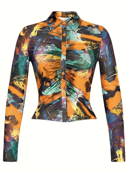 All Over Print Collared T-Shirt, Casual Long Sleeve Top For Spring & Fall, Women's Clothing