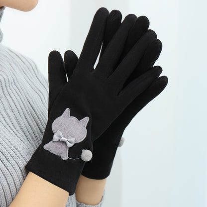 Cute Cat Embroidered Velvet Gloves Velvet Warm And Coldproof Split Finger Gloves For Women's Winter