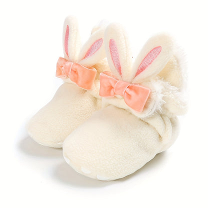 Myggpp Cute Bunny Ear Infant Booties - Casual & Party Ankle-High Walking Shoes with Hook and Loop Fastener, Soft Fabric Upper and Inner Sole, Round Toe, Solid Color with Cartoon Design for Boys and Infants, Suitable for All Seasons