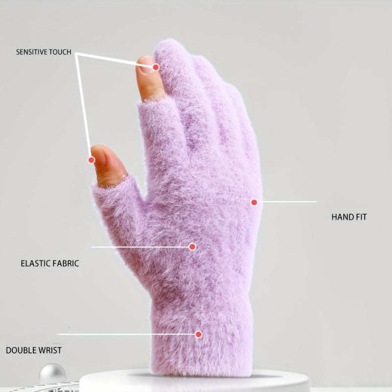 Plus Velvet Thickened Warm Gloves - Soft, Open Fingers Design for Convenient Touch Screen, Coldproof, and Comfortable Writing Experience for Women in Winter